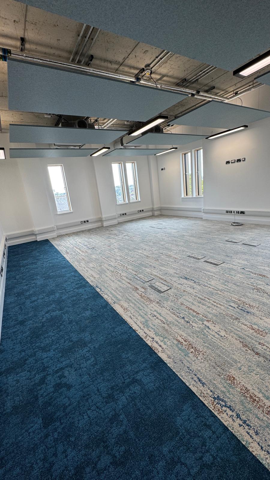 Carpet tiles 13 education Education building room with grey and blue carpet tiles
