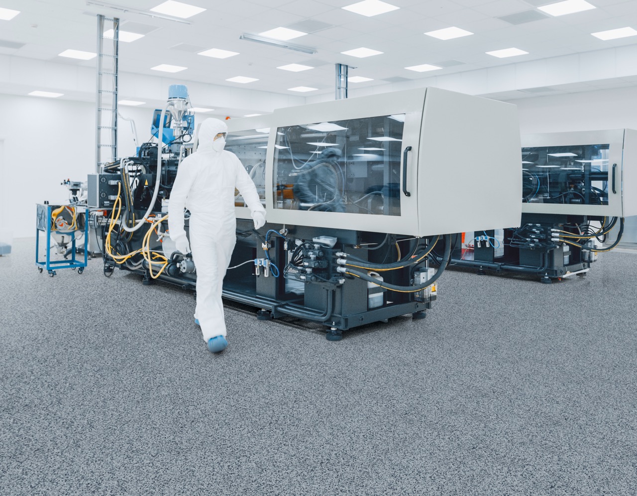 Cleanroom manufacturing area with graphite grey ESD anti-static flooring